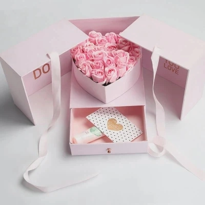 Chapéu de papelão rígido personalizado de luxo rosa rosa caixa de flores para presente